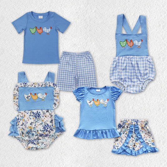 Baby Boy Girl Embroidery Chicken Sibling Blue Checked Flower Romper Clothes Set RTS
