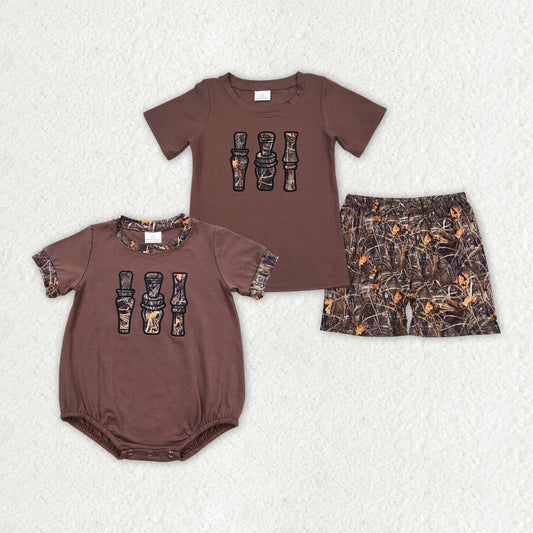 Baby Boy Short Sleeves Brown Camo Embroidery Romper Sibling Brother Set