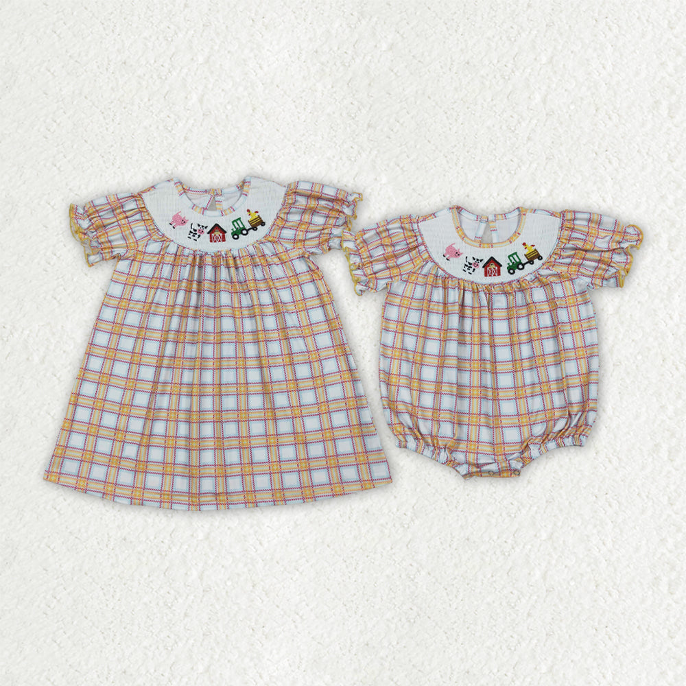 Baby Girl Short Sleeves Embroidery Farm Animals Plaid Sibling Smocked Romper Dress RTS