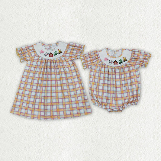Baby Girl Short Sleeves Embroidery Farm Animals Plaid Sibling Smocked Romper Dress RTS