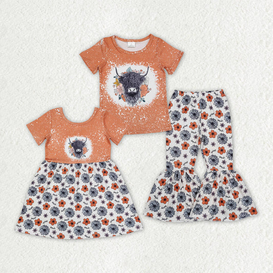 Baby Girl Short Sleeves Western Cow Flower Sibling Sister Dress Clothes Set