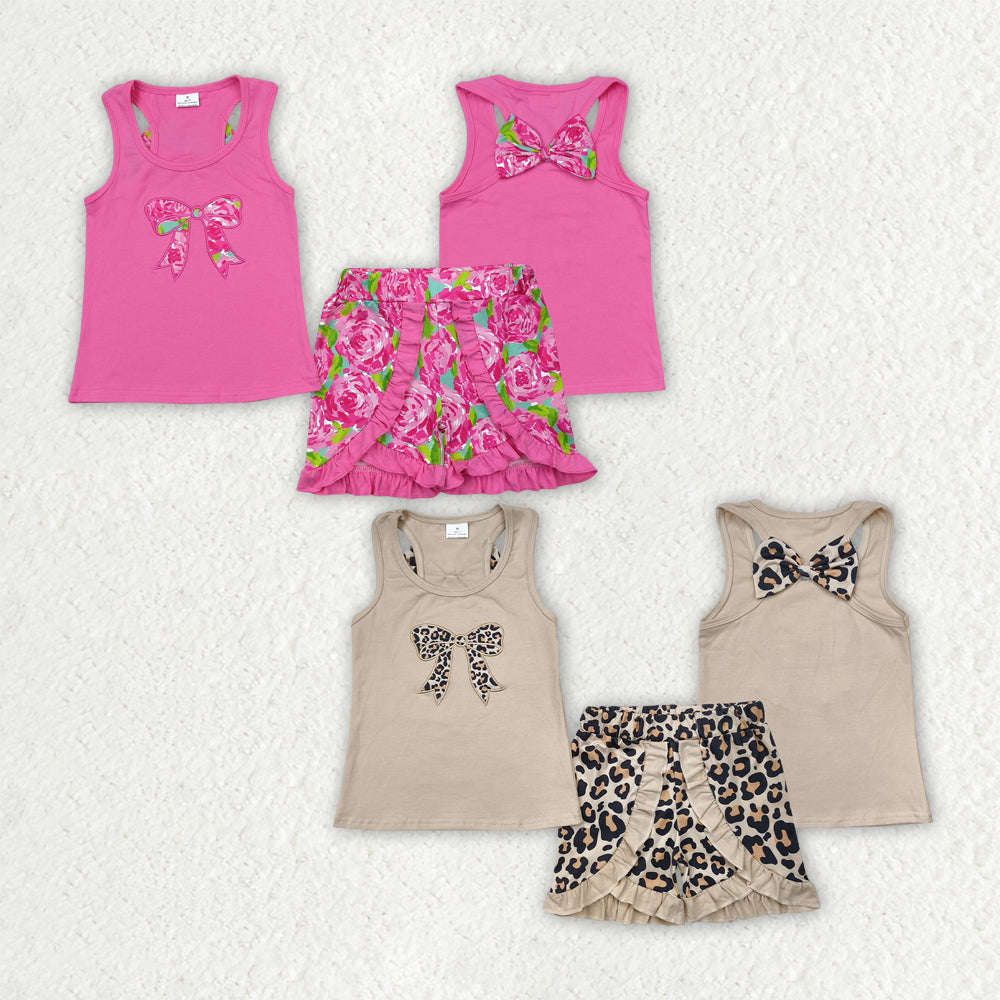 Baby Girl Sleeveless Embroidery Bows Vest Flower Leopard Shorts Sibling Clothes Set RTS