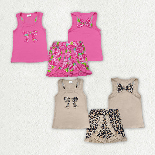 Baby Girl Sleeveless Embroidery Bows Vest Flower Leopard Shorts Sibling Clothes Set RTS