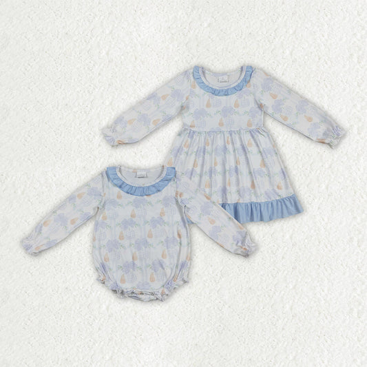 Baby Girl Long Sleeves Blue Flower Pumpkins Sibling Fall Romper Dress Clothes RTS