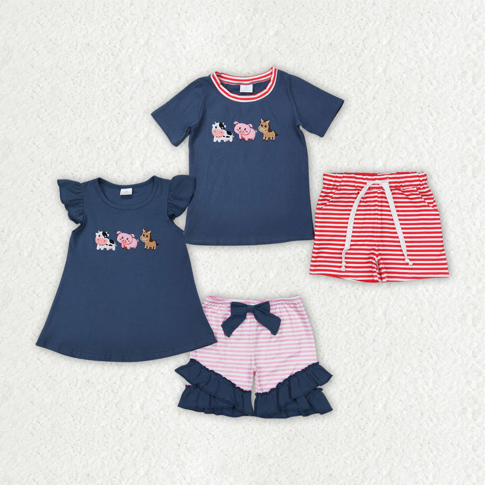 Baby Boy Girl Short Sleeves Embroidery Farm Animals Sibling Outfit RTS