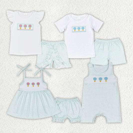 Boy Baby Girl Embroidery Hot Balloons Checked Sibling Romper Shorts Set RTS