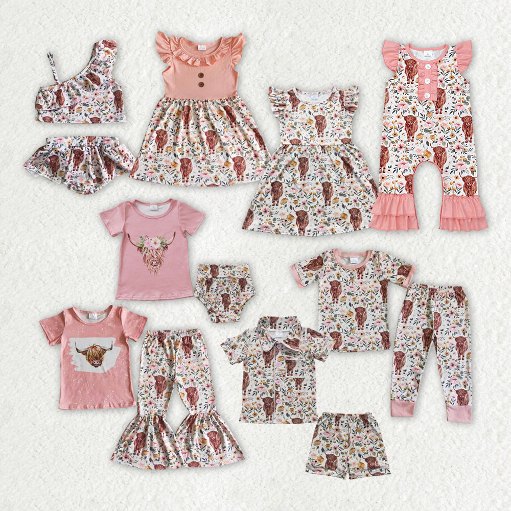 Baby Girl Short Sleeves Western Cow Flower Sibling Dress Romper Clothes Set