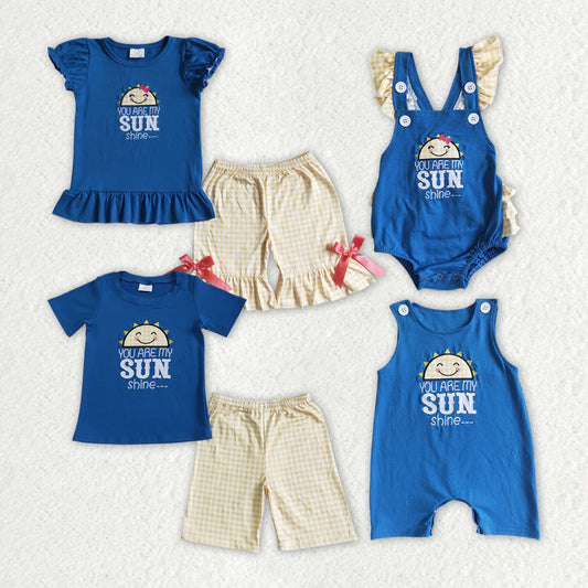 Baby Boy Girl Embroidery Sun Sibling Blue Romper Clothes Set RTS