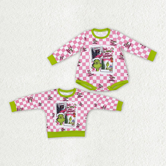 Baby Girl Long Sleeves Christmas Frog Checkered Sibling Romper Shirt