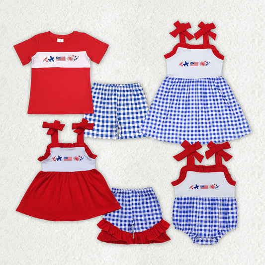 Baby Boy Girl July 4th Embroidery Flag Sibling Romper Dress Set