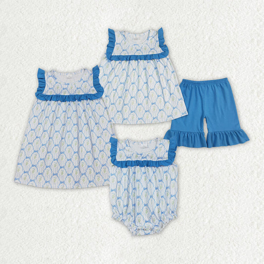 Baby Girl Kids Blue Bows Flower Sibling Romper Dress Clothes Set RTS