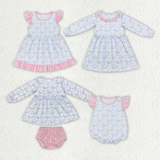 Baby Girl Kids Toddler Blue Bows Flower Sibling Dress Romper Set RTS