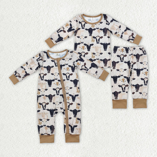 Baby Boy Girl Toddler Western Cow Sibling Bamboo Romper Pajamas Clothes Set