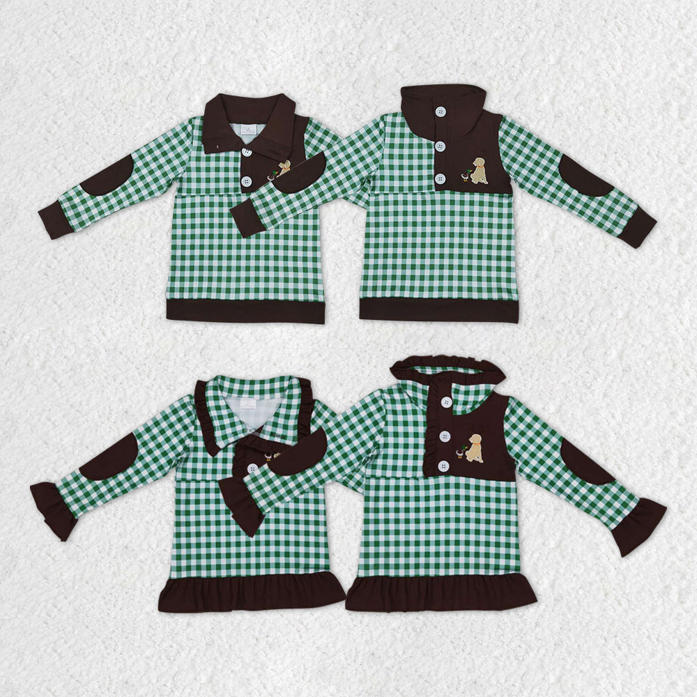 Baby Boys Girl Long Sleeves Embroidery Dog Duck Sibling Hunting Green Checkered Pullover Shirt Tops