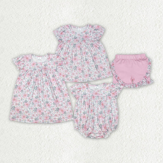 Baby Girl Short Sleeves Pink Flower Sibling Romper Dress Outfit Clothes RTS