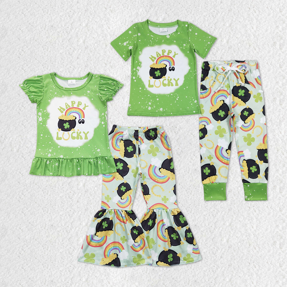 Baby Boy Girl Short Sleeves St Patrick Day Rainbow Sibling Clothes Set