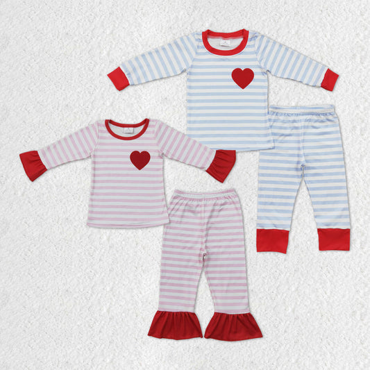 Baby Boy Girl Long Sleeves Valentines Embroidery Heart Stripes Sibling Pajamas Clothes Set