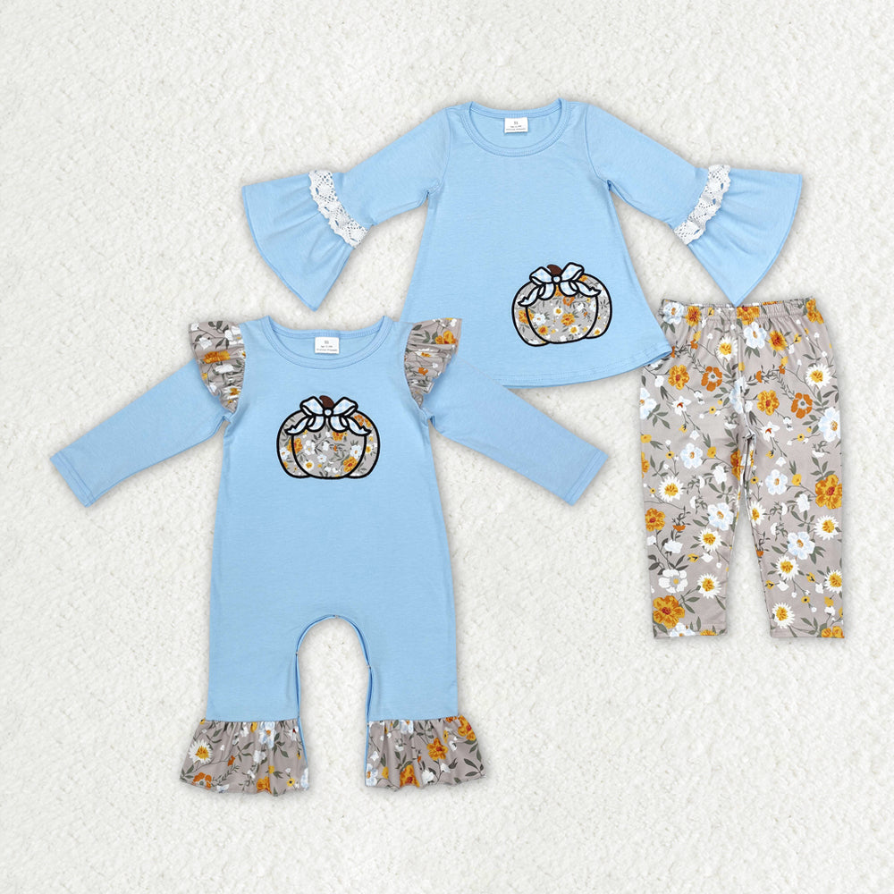 Baby Girl Embroidery Floral Pumpkin Sibling Blue Romper Outfits Clothes Set