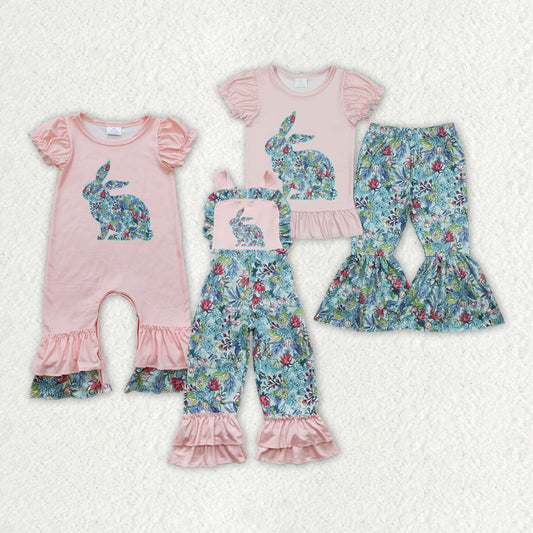 Baby Girl Easter Rabbits Flower Sibling Romper Jumpsuit Set