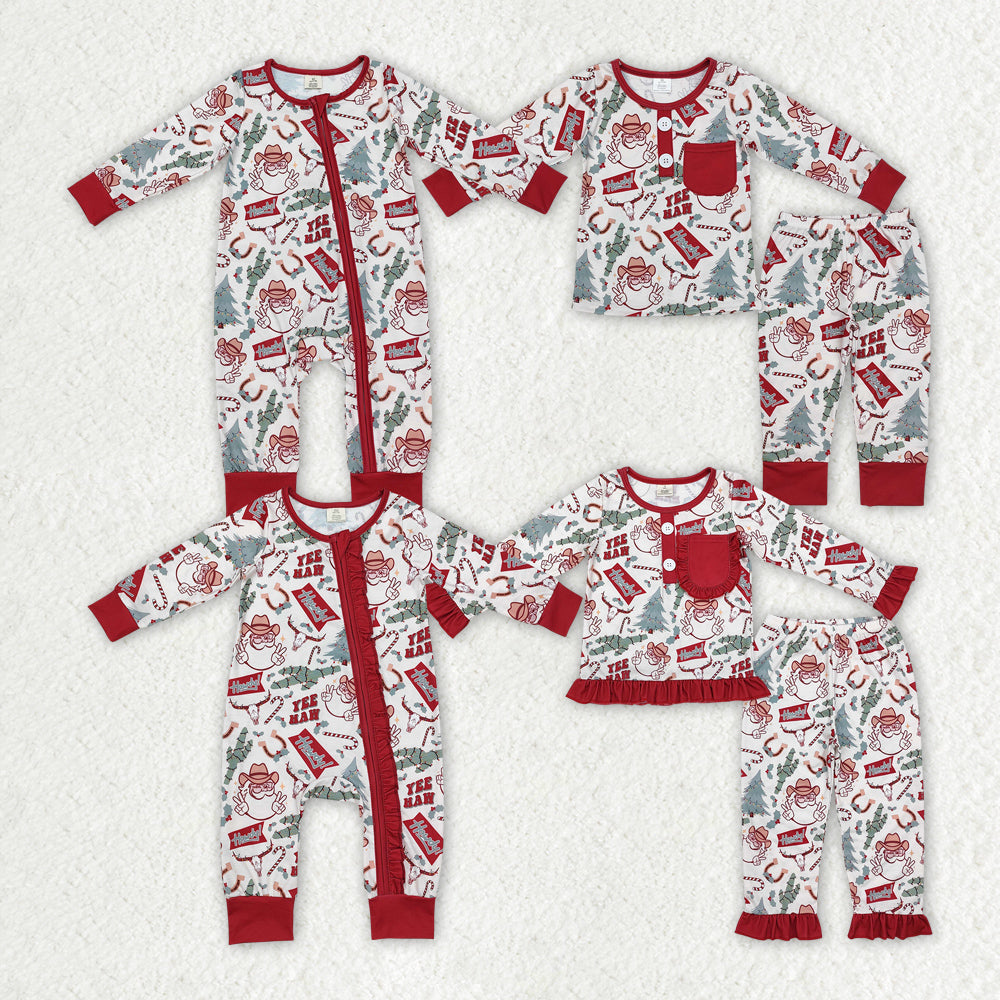 Baby Boy Girl Christmas Western Santa Cactus Sibling Bamboo Romper Pajamas Set