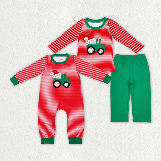 Baby Boy Embroidery Christmas Tractor Sibling Romper Clothes Set