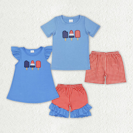 Baby Boy Girl Short Sleeves 4th Of July Embroidery Popsicle Sibling Clothes Outfit