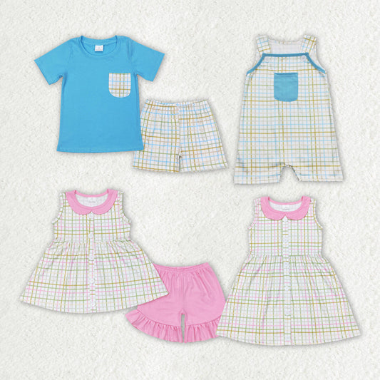 Baby Boy Girl Easter Checkered Sibling Dress Romper Clothes Set