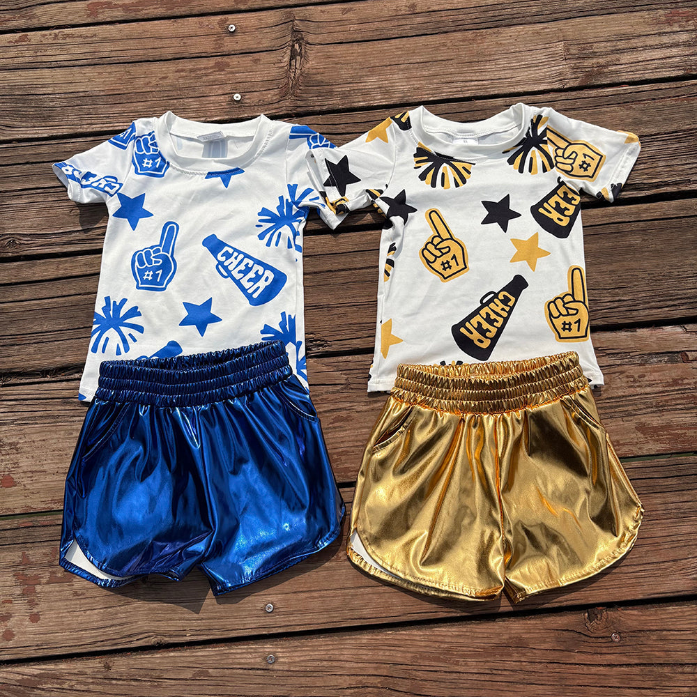 Baby Girl Short Sleeves Cheer Team Shirt Leather Shorts Sibling Clothes Set RTS