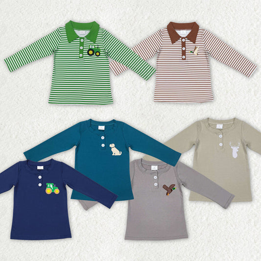 Baby Boy Long Sleeves Sibling Brother Embroidery Tractor Dog Duck Deer Shirt Tops