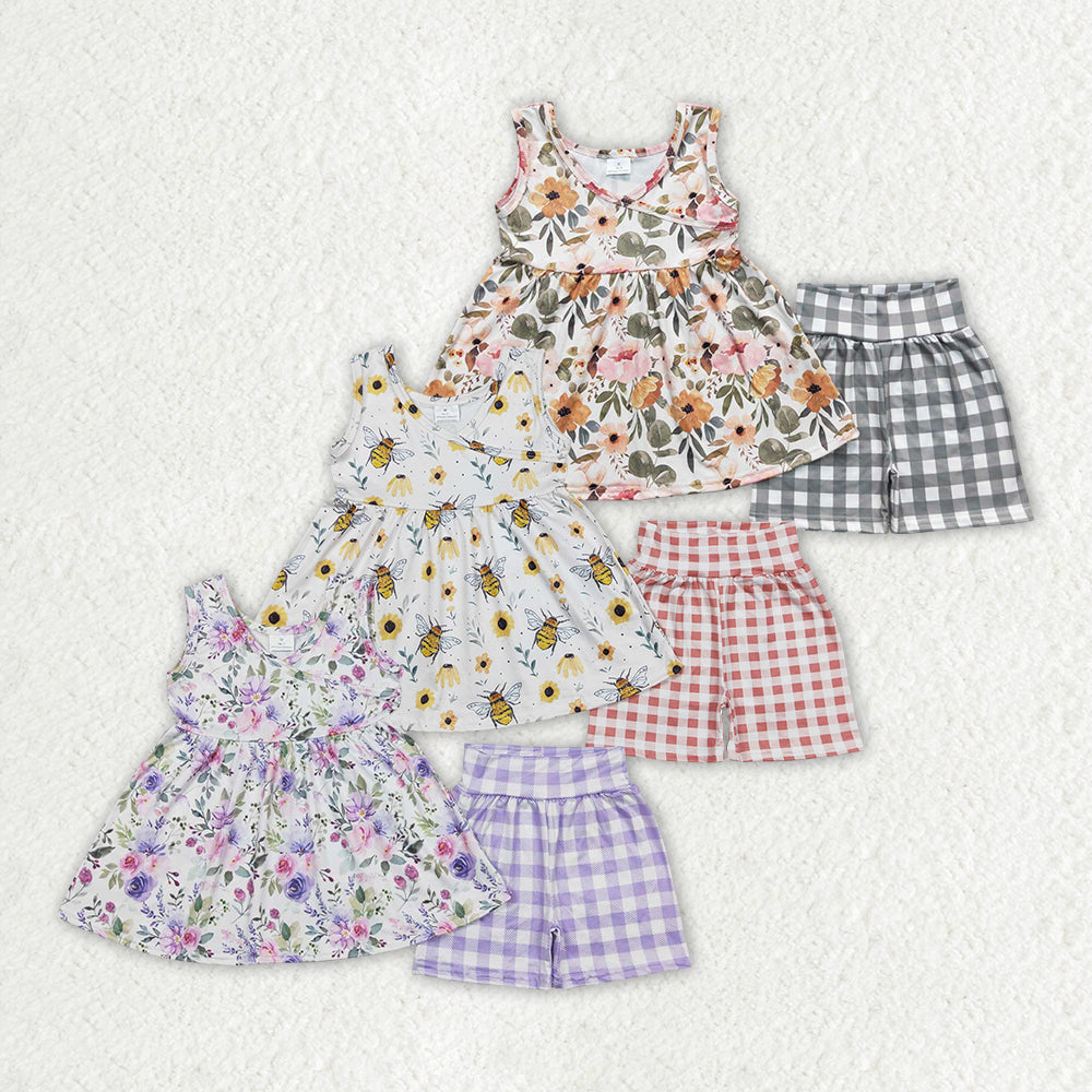 Baby Girl Sleeveless Flower Tunic Checked Shorts Sibling Clothes Set RTS
