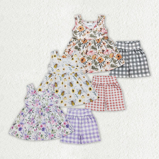 Baby Girl Sleeveless Flower Tunic Checked Shorts Sibling Clothes Set RTS