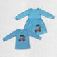 Baby Boy Girl Kids Blue Long Sleeves Christmas Embroidery Tractor Sibling Shirt Dress