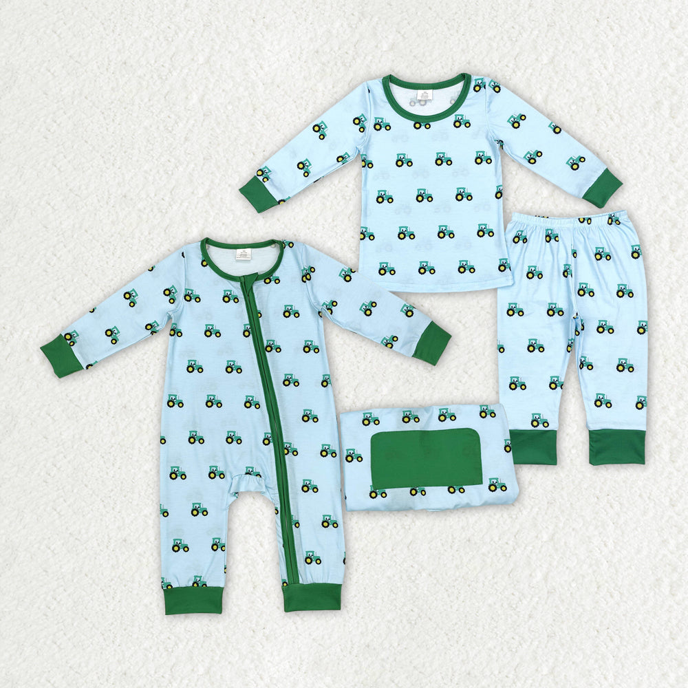 Baby Boy Green Tractor Sibling Bamboo Romper Pajamas Clothes Set