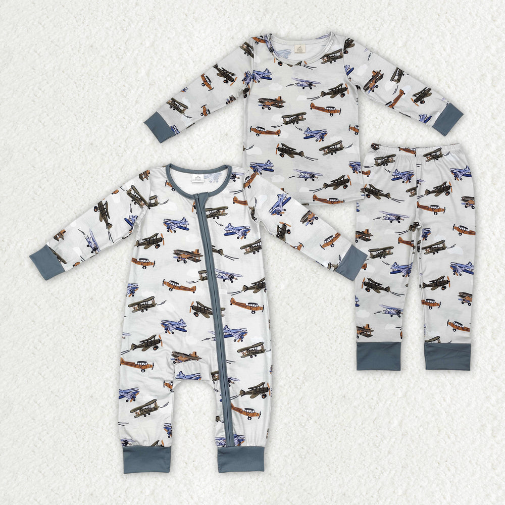 Baby Boy Long Sleeves Plane Sibling Brother Bamboo Romper Pajamas Set