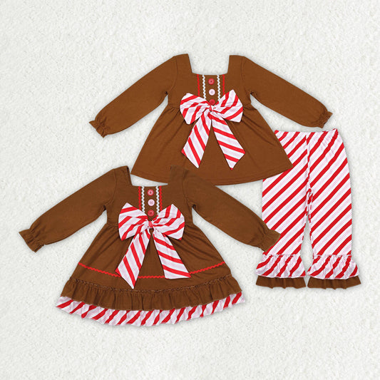 Baby Girl Long Sleeves Christmas Gingerbread Bow Sibling Dress Clothes Set