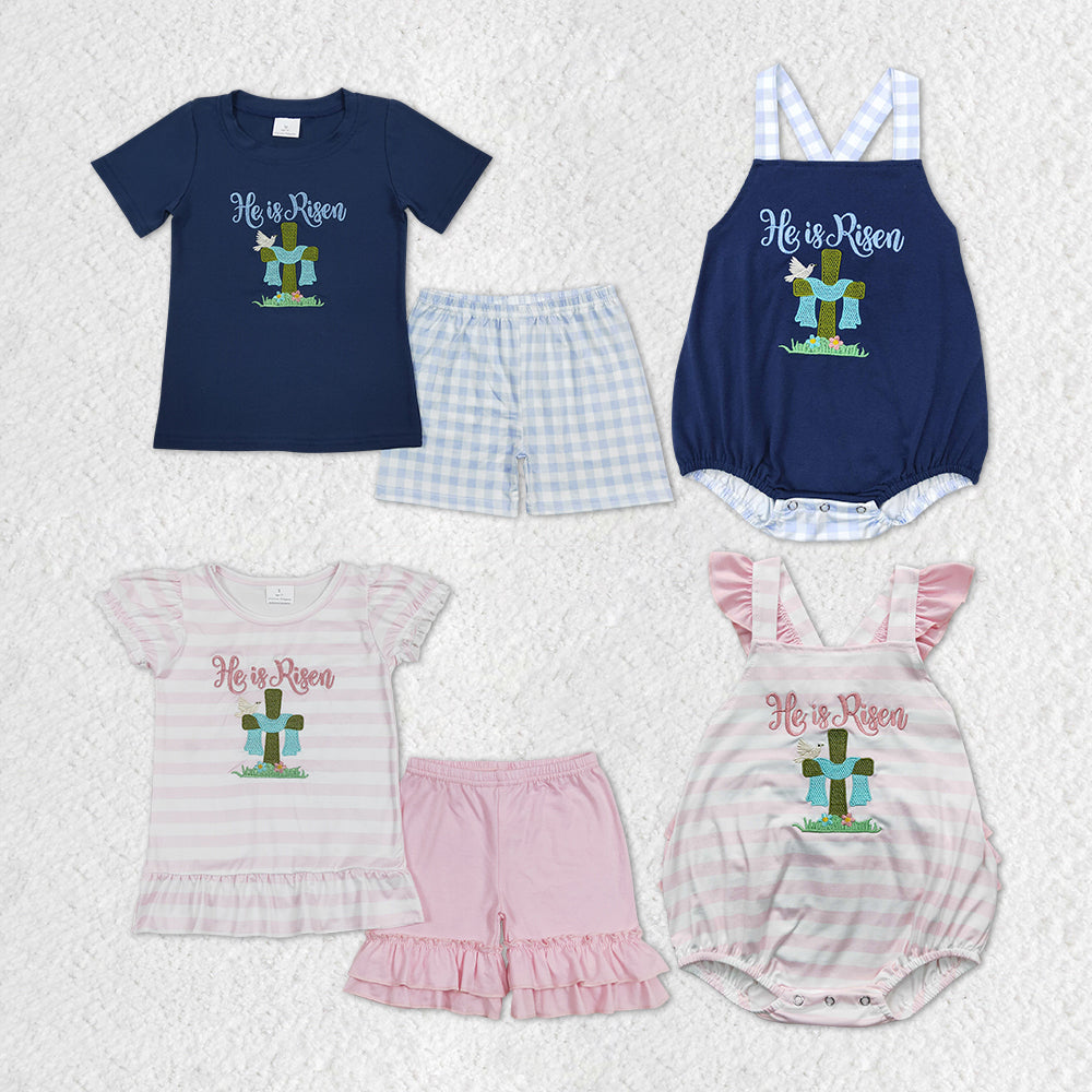 Baby Boy Girl Easter He Is Risen Embroidery Sibling Romper Set