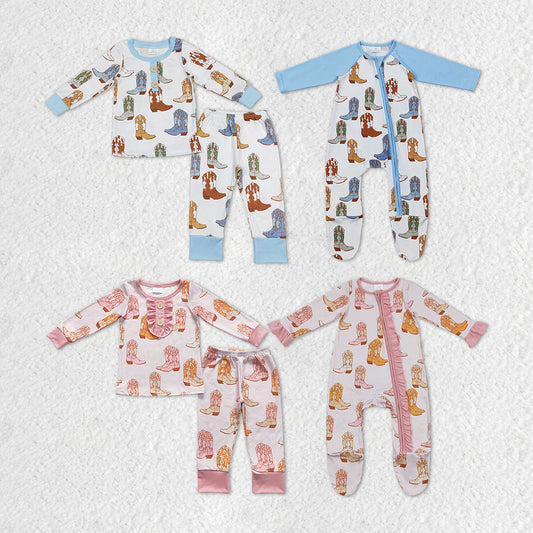 Baby Boy Girl Western Boots Sibling Pajamas Romper Set