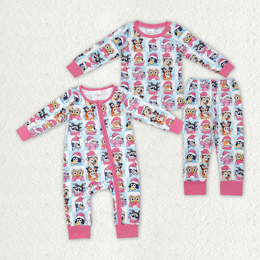 Baby Girl Long Sleeves Christmas Dogs Pink Sibling Romper Pajamas Set