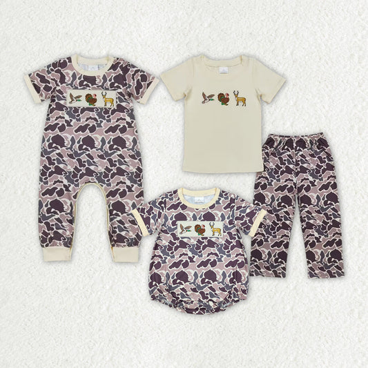 Baby Boy Short Sleeves Embroidery Duck turkey Deer Camo Sibling Romper Clothes Set