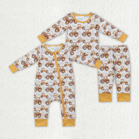 Baby Boy Long Sleeves Farm Trucks Bamboo Sibling Brother Romper Pajamas Set