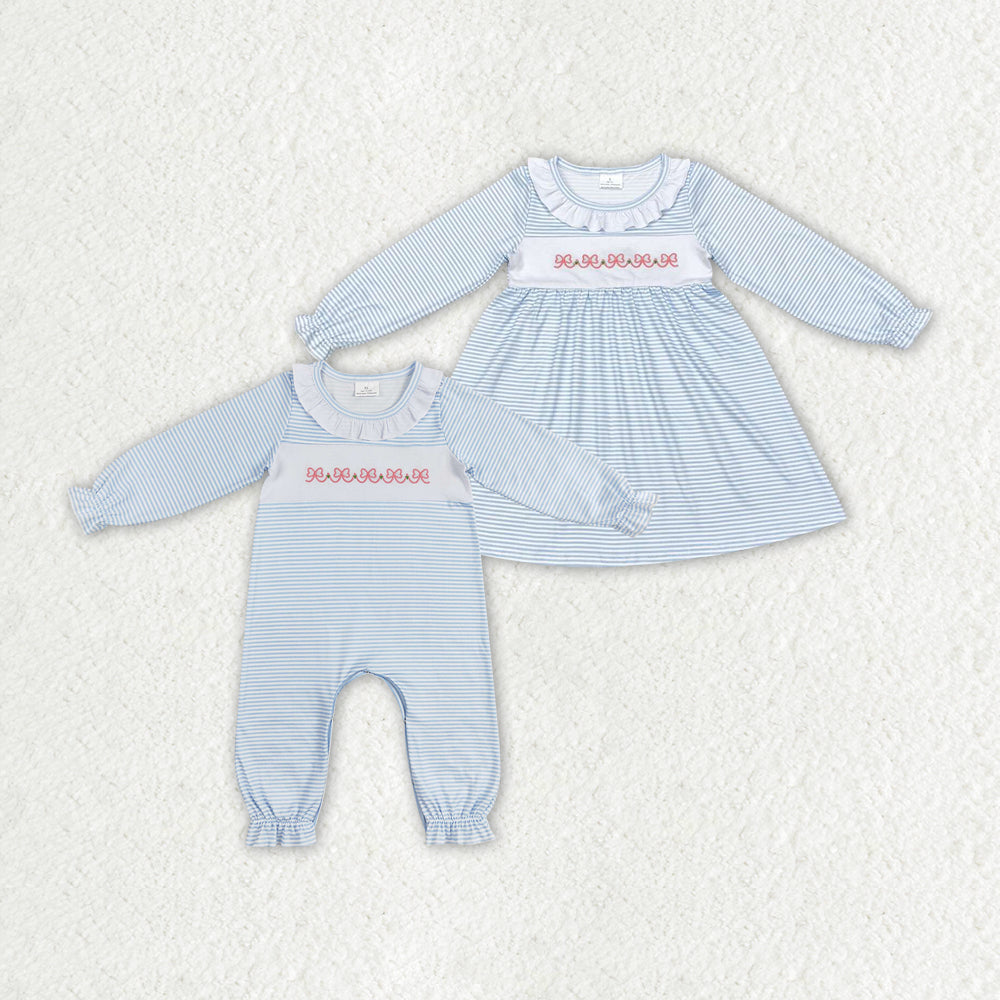 Baby Girl Blue Stripes Bows Sibling Sister Embroidery Romper Dress