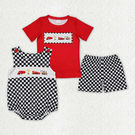 Baby Boy Cars Checked Sibling Romper Clothes Set