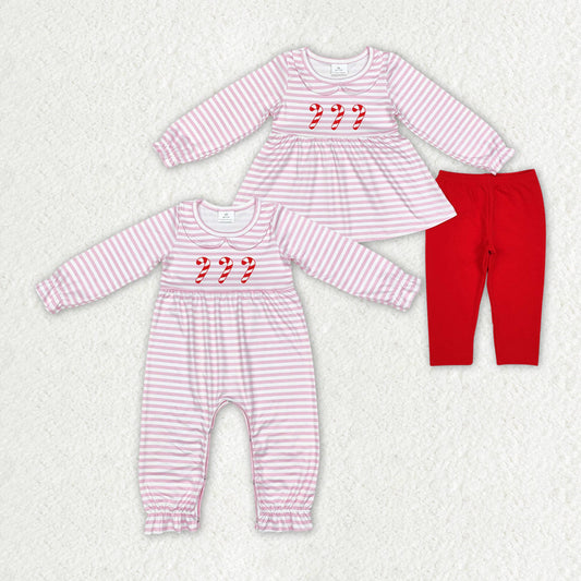 Baby Girl Long Sleeves Christmas Candy Cane Sibling Romper Clothes Set