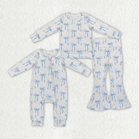 Baby Girl Long Sleeves Blue Bows Sibling Romper Pajamas Set