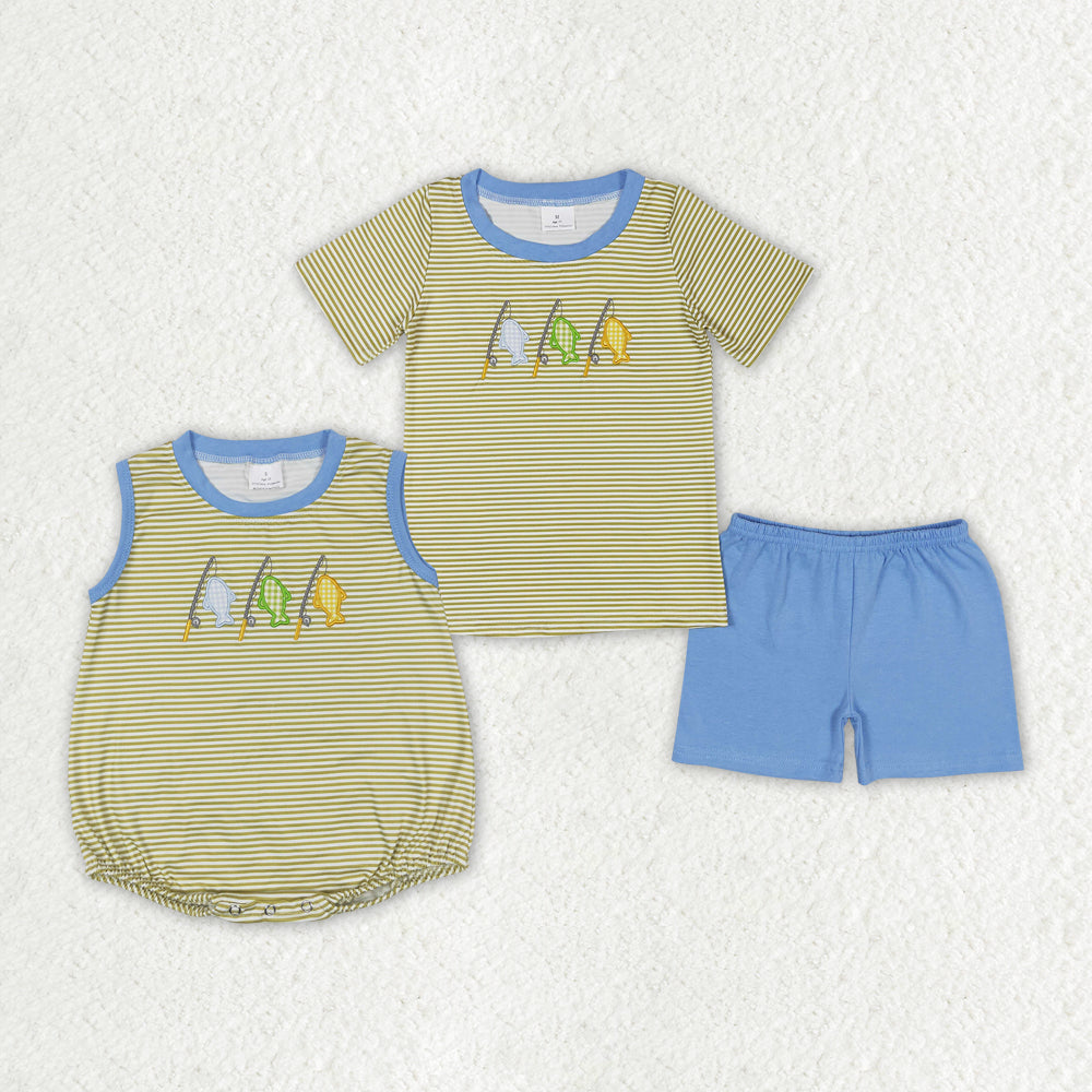 Baby Boy Stripes Embroidery Fishing Sibling Summer Rompers Clothes Sets