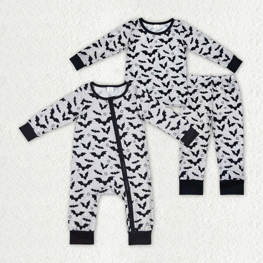 Baby Boy Halloween Grey Bats Bamboo Sibling Romper Pajamas Set