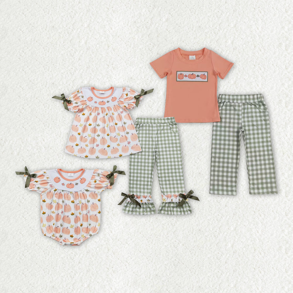 Baby Boy Girl Pumpkin Embroidery Sibling Romper Outfit Set