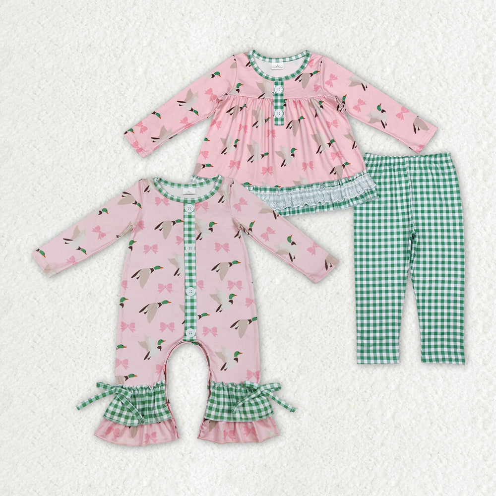 Baby Girl Long Sleeves Ducks Bows Green Plaid Sibling Sister Romper Clothes Set