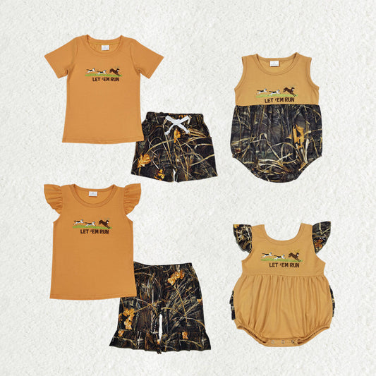 Baby Boy Girl Embroidery Dog Hunting Deer Sibling Camo Shorts Set