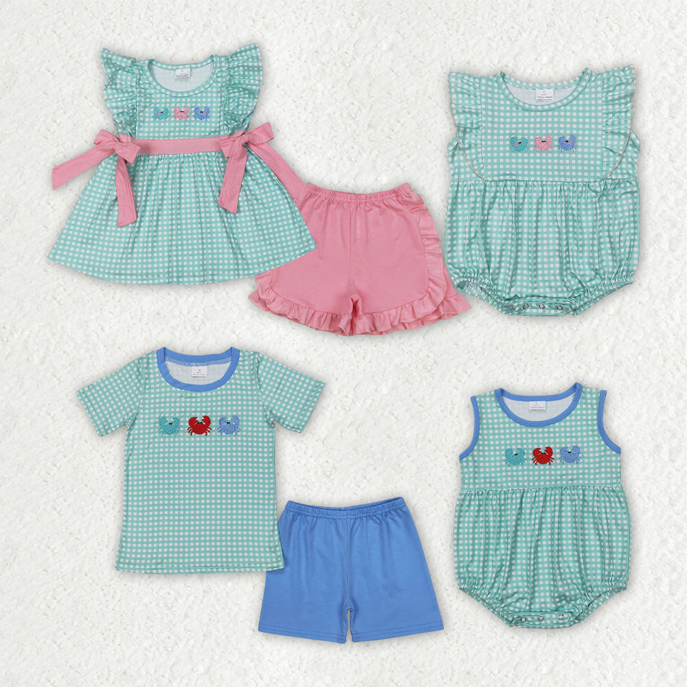 Baby Boy Girl Embroidery Crabs Green Plaid Sibling Summer Romper Outfit Clothes RTS